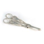 A PAIR OF GEORGE V SILVER GRAPE SCISSORS having shell pattern to the handles and serrated cutting