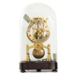 AN EARLY 19TH CENTURY ENGLISH FUSEE LIAR SHAPED SKELETON CLOCK having a 4.5” silvered chapter ring