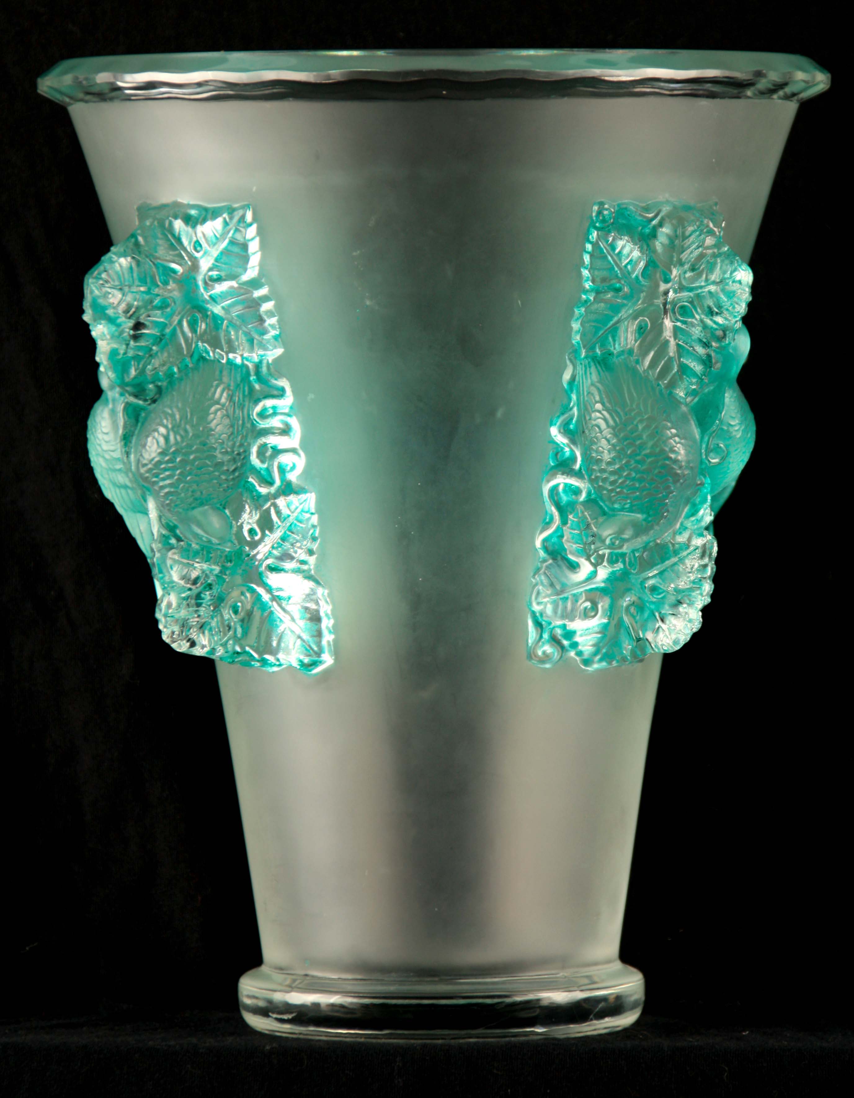 R LALIQUE A 20TH CENTURY "SAINT EMILION" FROSTED AND GREEN STAINED GLASS VASE of conical form having