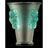 R LALIQUE A 20TH CENTURY "SAINT EMILION" FROSTED AND GREEN STAINED GLASS VASE of conical form having