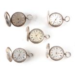A COLLECTION OF FIVE SILVER FULL HUNTER POCKET WATCHES those signed are listed as follows, Thomas W.