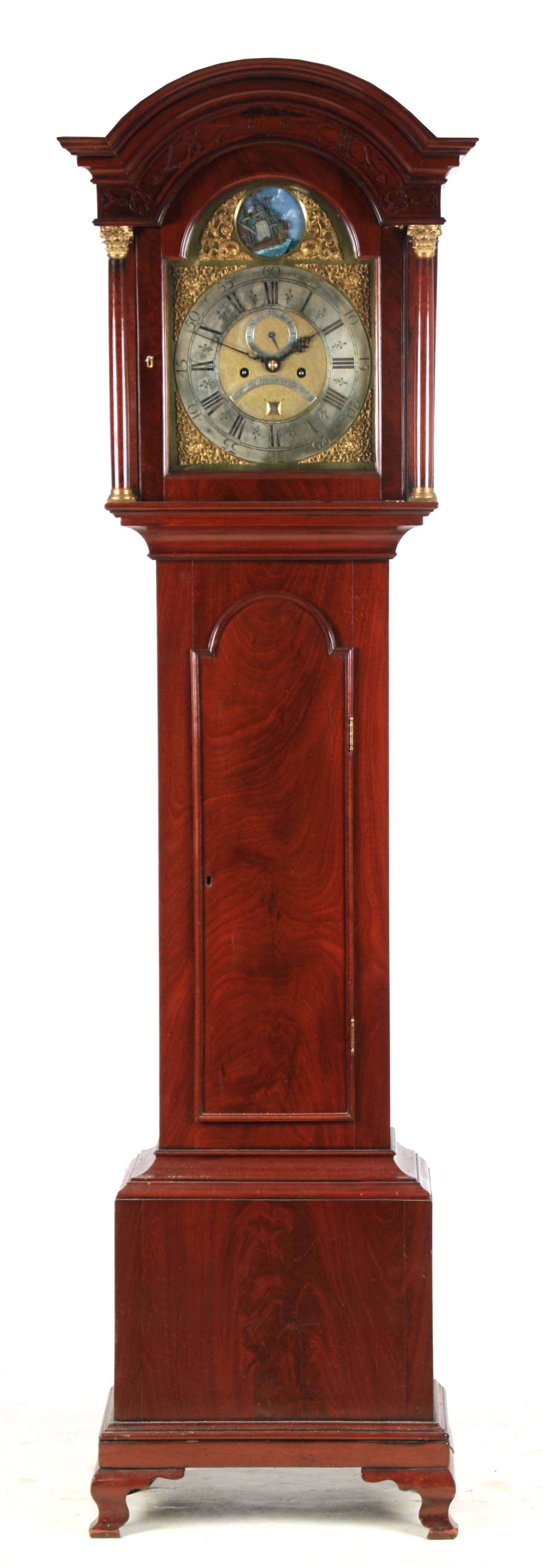 THOMAS WILLMSHURST DEAL. A GEORGE III MAHOGANY 8-DAY ROCKING SHIP LONGCASE CLOCK the 12” brass