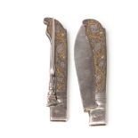 A PAIR OF EARLY 18TH CENTURY EUROPEAN STEEL FOLDING KNIFE AND FORK WITH GOLD AND SILVER INLAY the