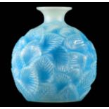 R LALIQUE, AN OPALESCENT AND BLUE STAINED ‘ORMEAUX’ GLASS VASE of globular form covered in leaves
