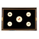 OF FLY FISHING INTEREST. A 19TH CENTURY EBONISED GLASS TRAY with gilt border and side handles, the
