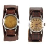 TWO WW2 MILITARY ISSUE CYMA WRIST WATCHES the first with steel case and screw back engraved 'A.T.