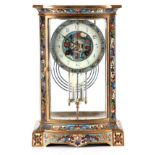 A LATE 19TH CENTURY FRENCH BOW FRONTED BRASS AND CHAMPLEVE ENAMEL FOUR-GLASS MANTEL CLOCK the