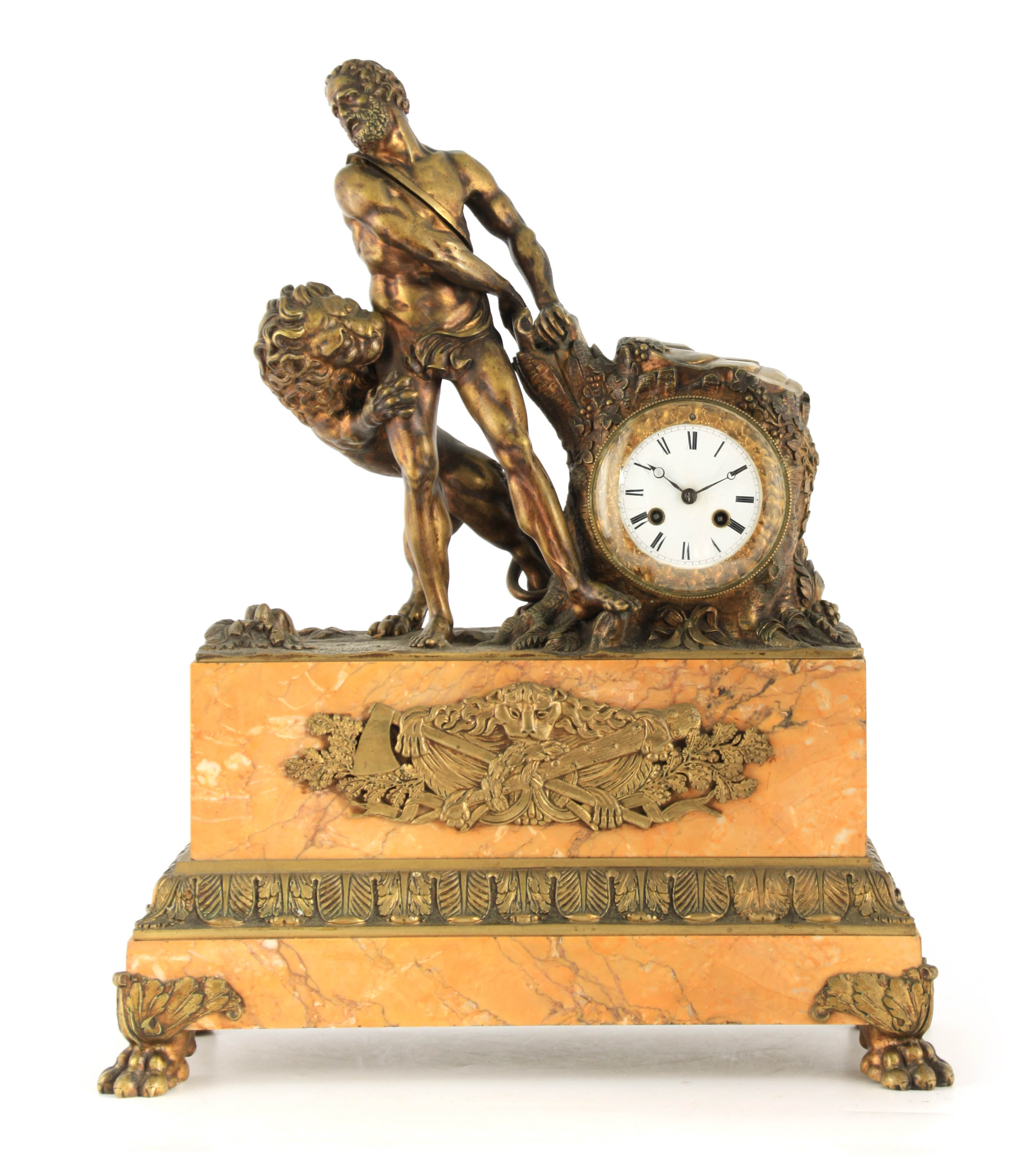 A 19TH CENTURY FRENCH GILT BRONZE AND SIENNA MARBLE FIGURAL MANTEL CLOCK modelled as Samson fighting