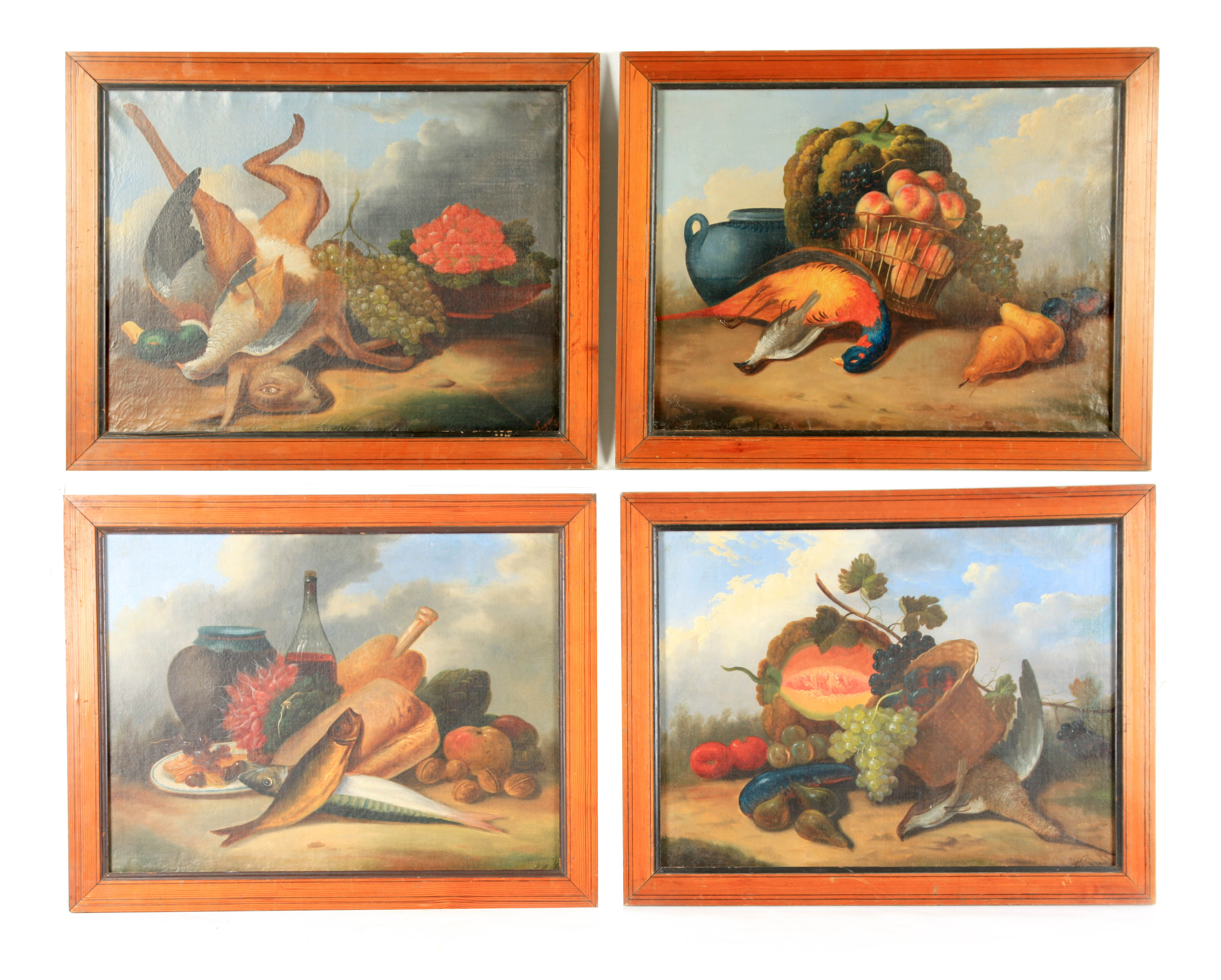 A SET OF FOUR 19TH CENTURY CONTINENTAL STILL LIFE OILS ON CANVAS depicting fruit and dead game 48.