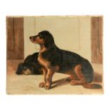CESIL RAHM(?) A 19TH CENTURY OIL ON CANVAS Interior scene with two black and tan dachshunds 32cm
