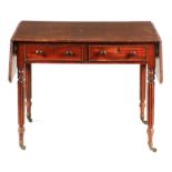 A REGENCY MAHOGANY AND ROSEWOOD CROSSBANDED SOFA TABLE with hinged sides above two frieze drawers