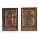 A PAIR OF 16TH CENTURY CARVED OAK AND GILT HIGHLIGHTED PANELS depicting figures under arches -