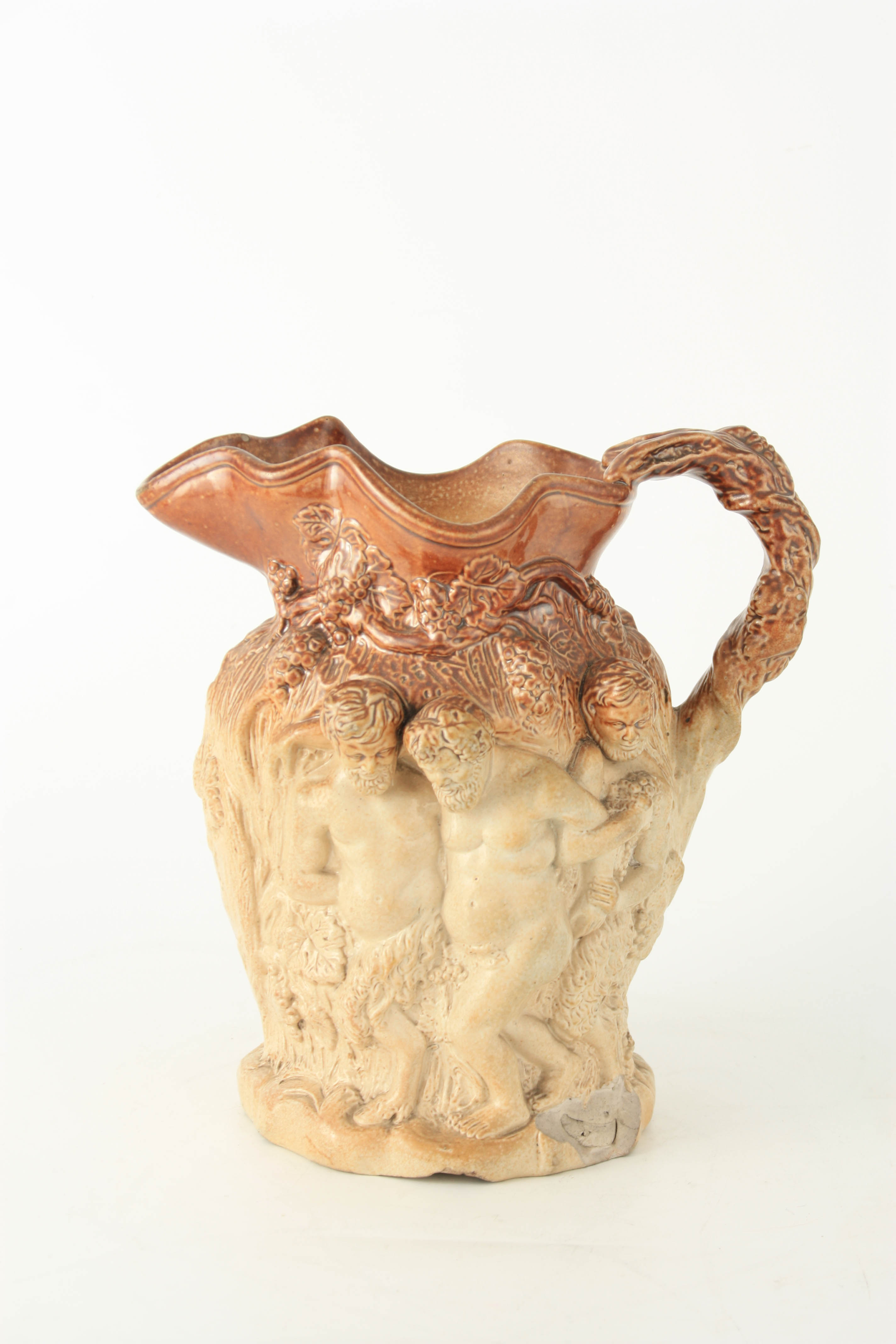 A 19TH CENTURY LARGE RELIEF MOULDED STONEWARE HARVEST JUG of ornate design with double-sided - Image 4 of 5