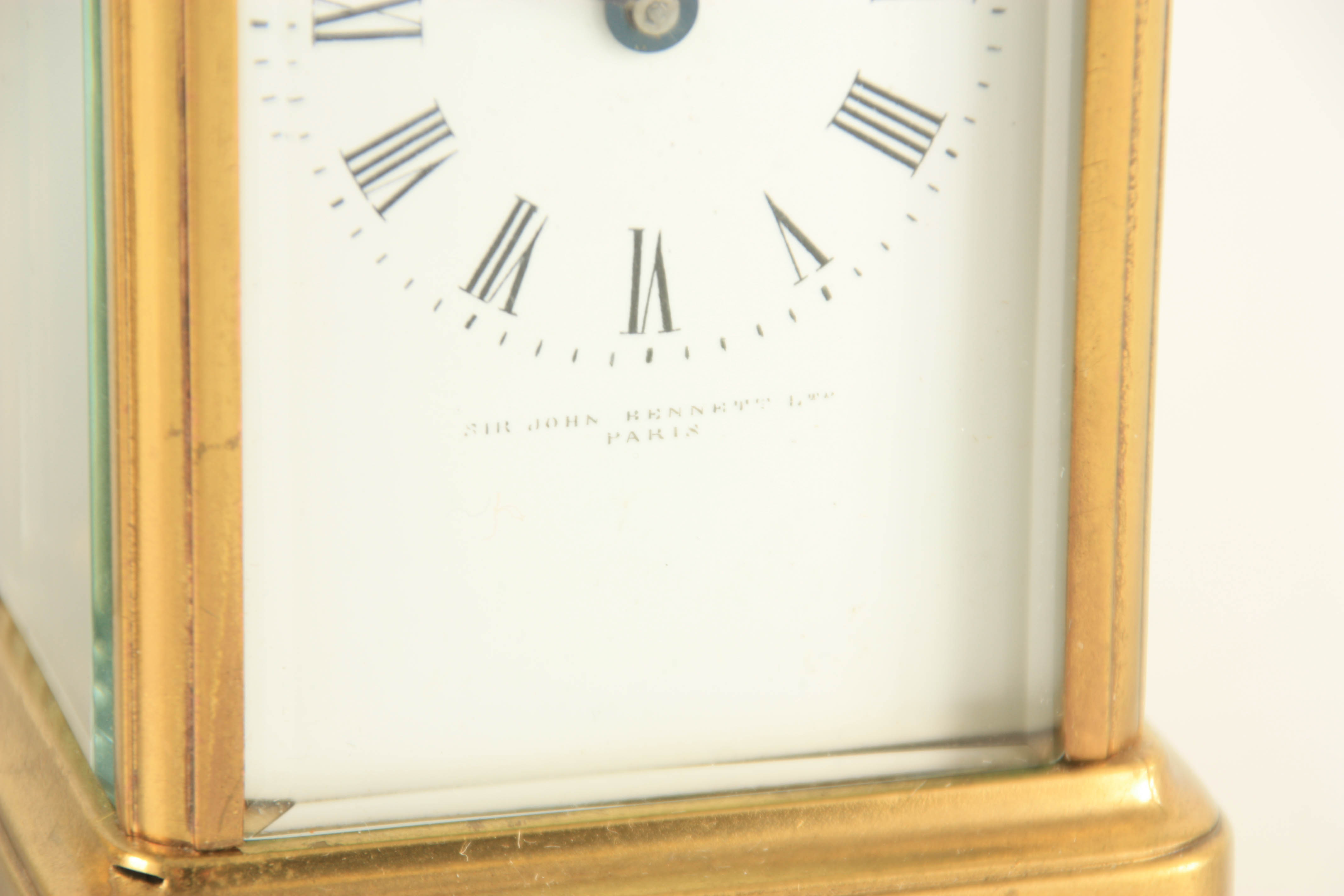 A LATE 19TH CENTURY FRENCH BRASS CASED MANTEL CLOCK having a domed top pediment above a floral - Image 5 of 12