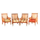 AN UNUSUAL SET OF FOUR REGENCY STYLE COLONIAL TEAK/ROSEWOOD BERGERE LIBRARY CHAIRS with shaped