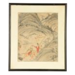 A 19TH CENTURY CHINESE WATERCOLOUR -warriors on horseback in a landscape setting 57cm high 46.5cm
