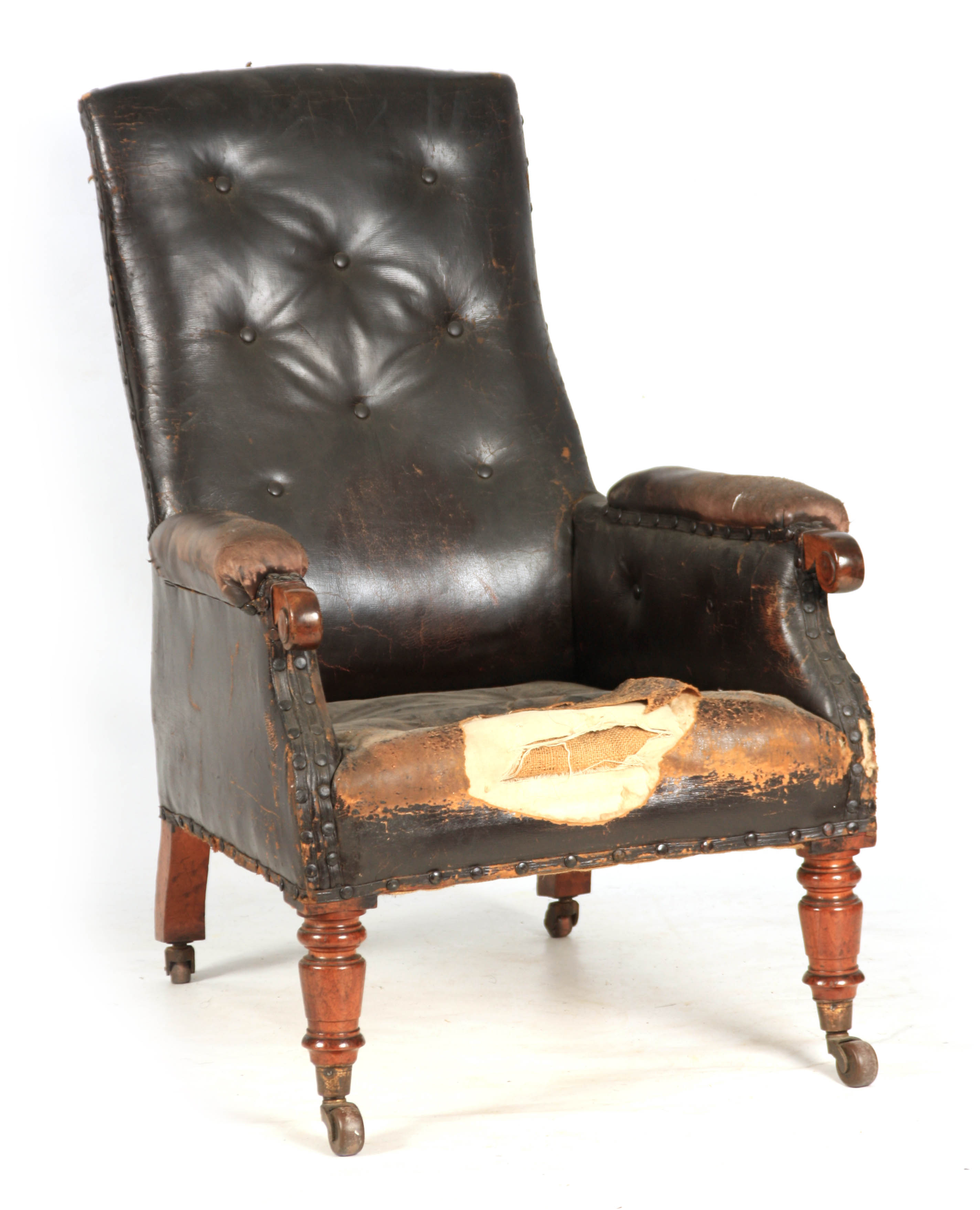 A LATE REGENCY BUTTON UPHOLSTERED LEATHER LIBRARY CHAIR with shaped button back and mahogany - Image 2 of 8