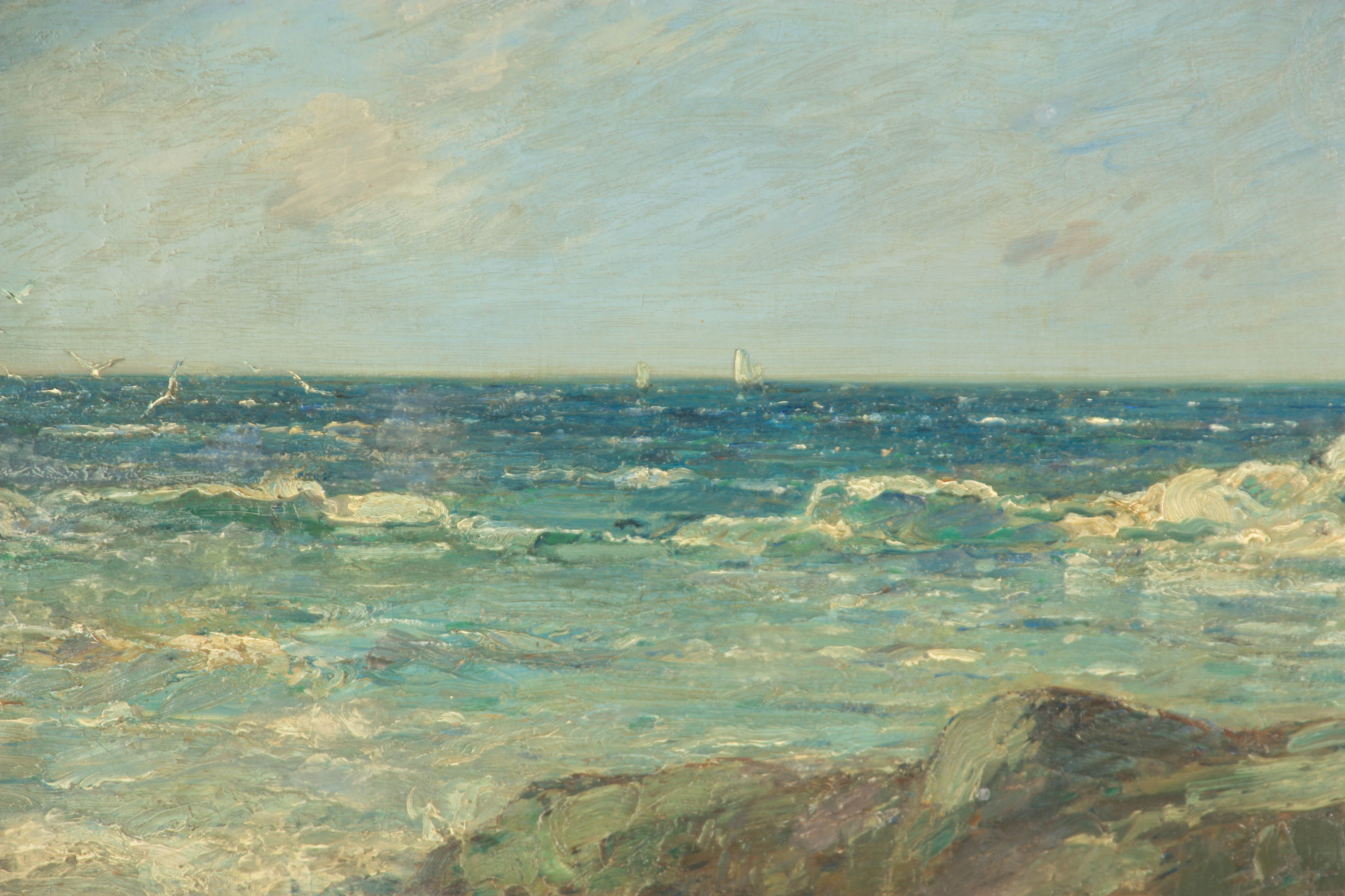 A 19TH CENTURY IMPRESSIONIST OIL ON CANVAS POSSIBLY ST. IVES SCHOOL coastal seascape in heavy - Image 2 of 6