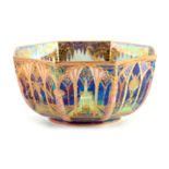 A WEDGWOOD FAIRYLAND LUSTRE FOOTED OCTAGONAL BOWL AFTER DESIGNS BY DAISY MAKEIG JONES finely