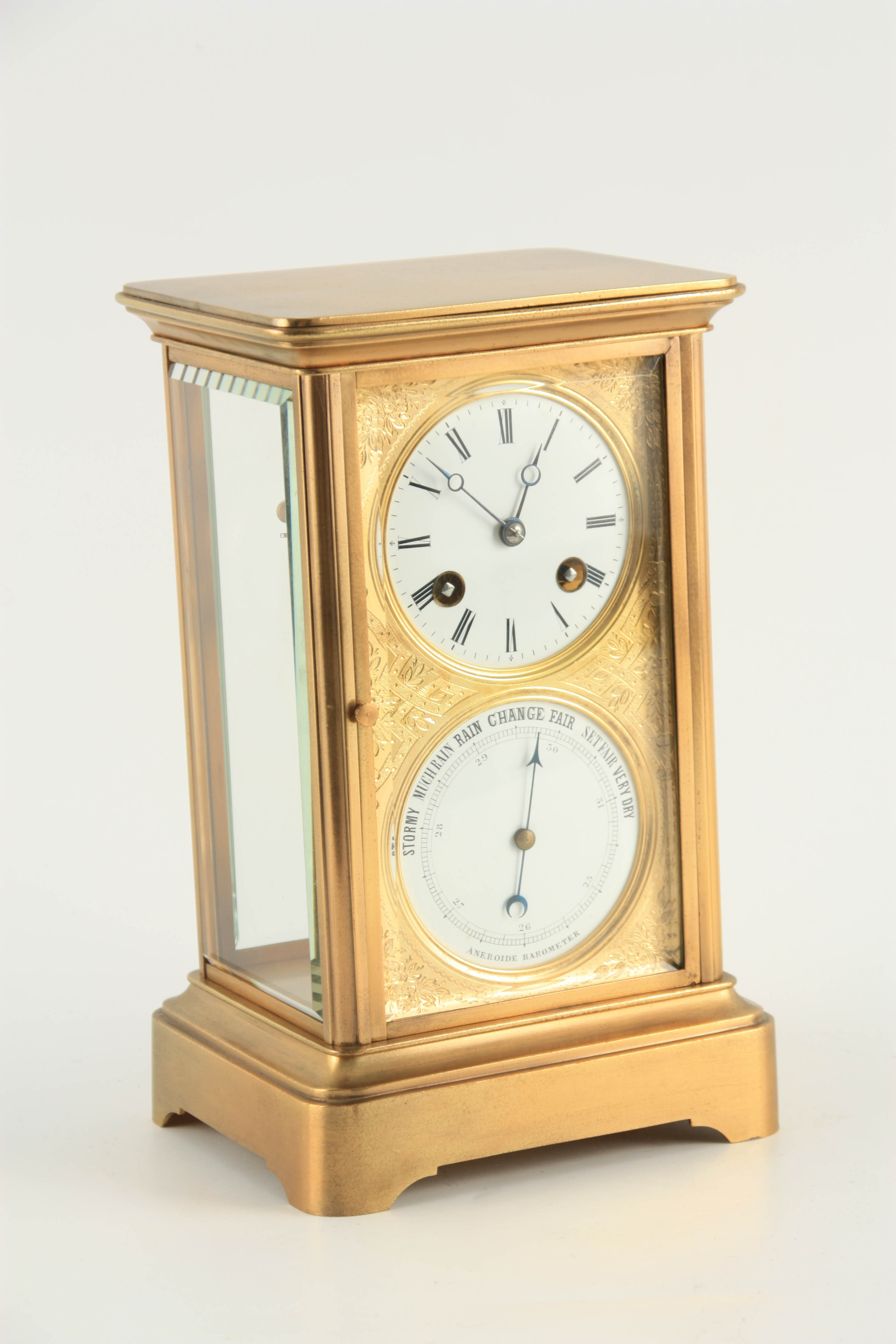 A SMALL 19TH CENTURY FRENCH FOUR-GLASS CLOCK/BAROMETER the moulded brass case inset with four - Image 3 of 7