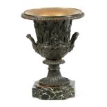 A LARGE 19TH CENTURY BRONZE TWO-HANDLED URN having classical figural scenes in Greek dress above a