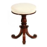 A WILLIAM IV ROSEWOOD ADJUSTABLE PIANO STOOL with upholstered circular top and tripod base 51cm high