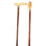 A 19TH CENTURY CARVED WALKING STICK with carved dog handle mounted on a harewood cane 88cm overall