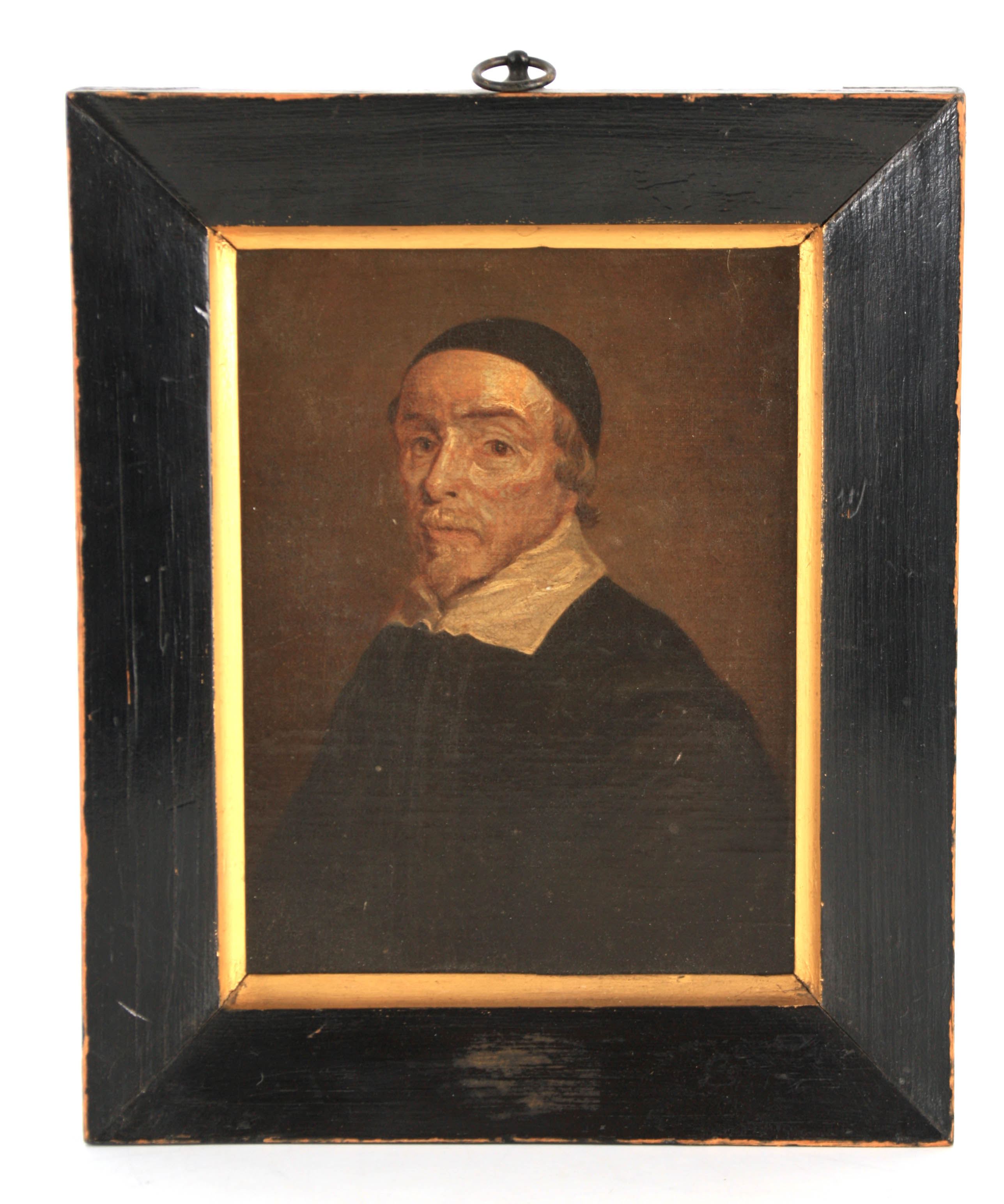 A 19TH CENTURY OIL ON CANVAS BOARD half-length portrait of cleric 21cm high 16cm wide - ebonised