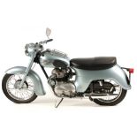 A 1957 TRIUMPH T21 MOTORCYCLE in pale blue, the 350cc bike has 10 previous MOT certificates, a