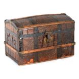 A SMALL 19TH CENTURY STUDDED CROCODILE SKIN DOME TOP TRUNK with wood strip and metal bindings and