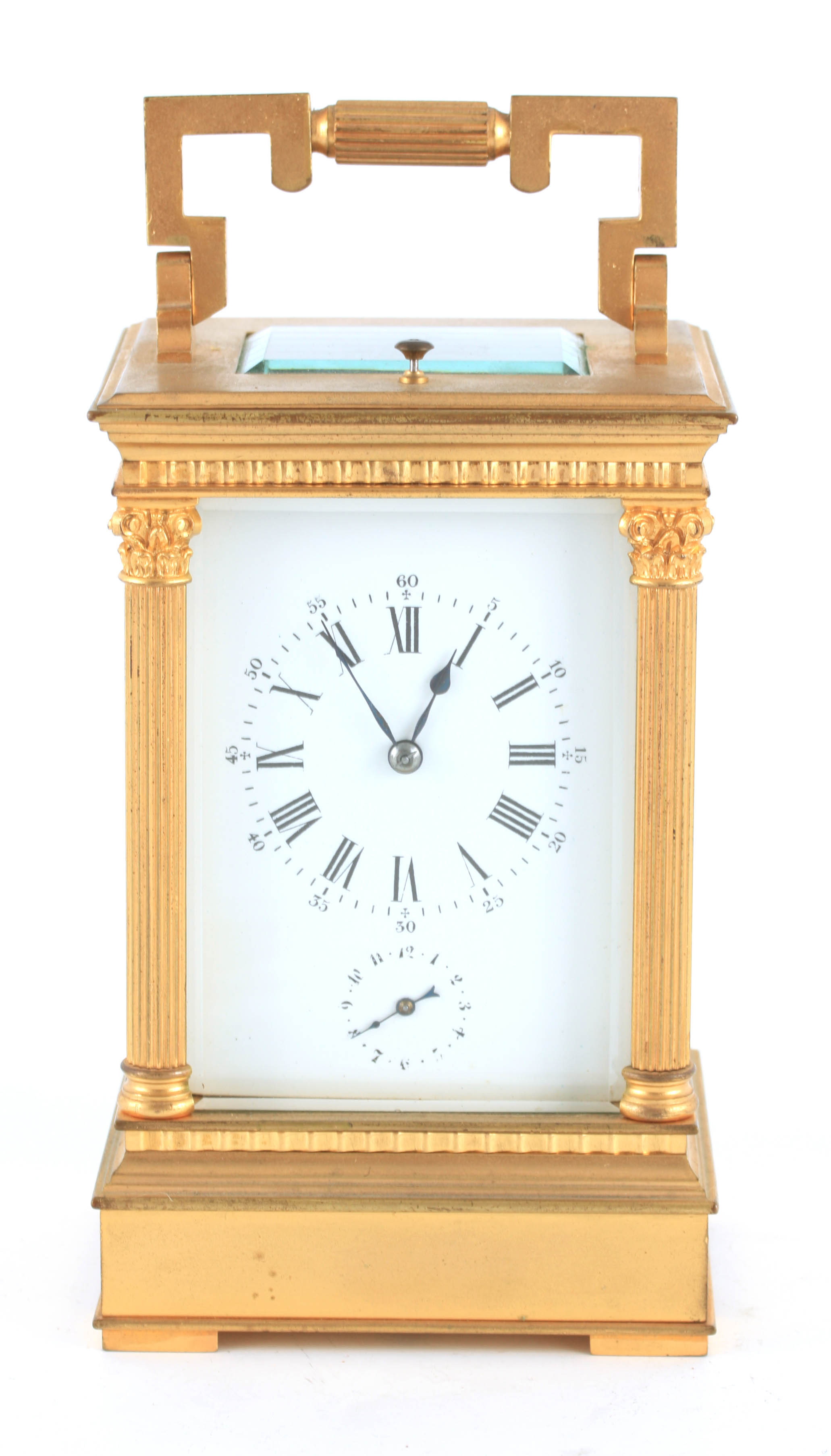 A LATE 19TH CENTURY FRENCH REPEATING CARRIAGE CLOCK WITH ALARM the gilt brass case with hinged