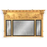 A REGENCY ADAM STYLE GILT GESSO OVERMANTEL MIRROR with moulded cornice and relief frieze depicting a