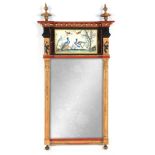 A REGENCY PIER MIRROR with moulded cornice above a painted panel depicting exotic birds and