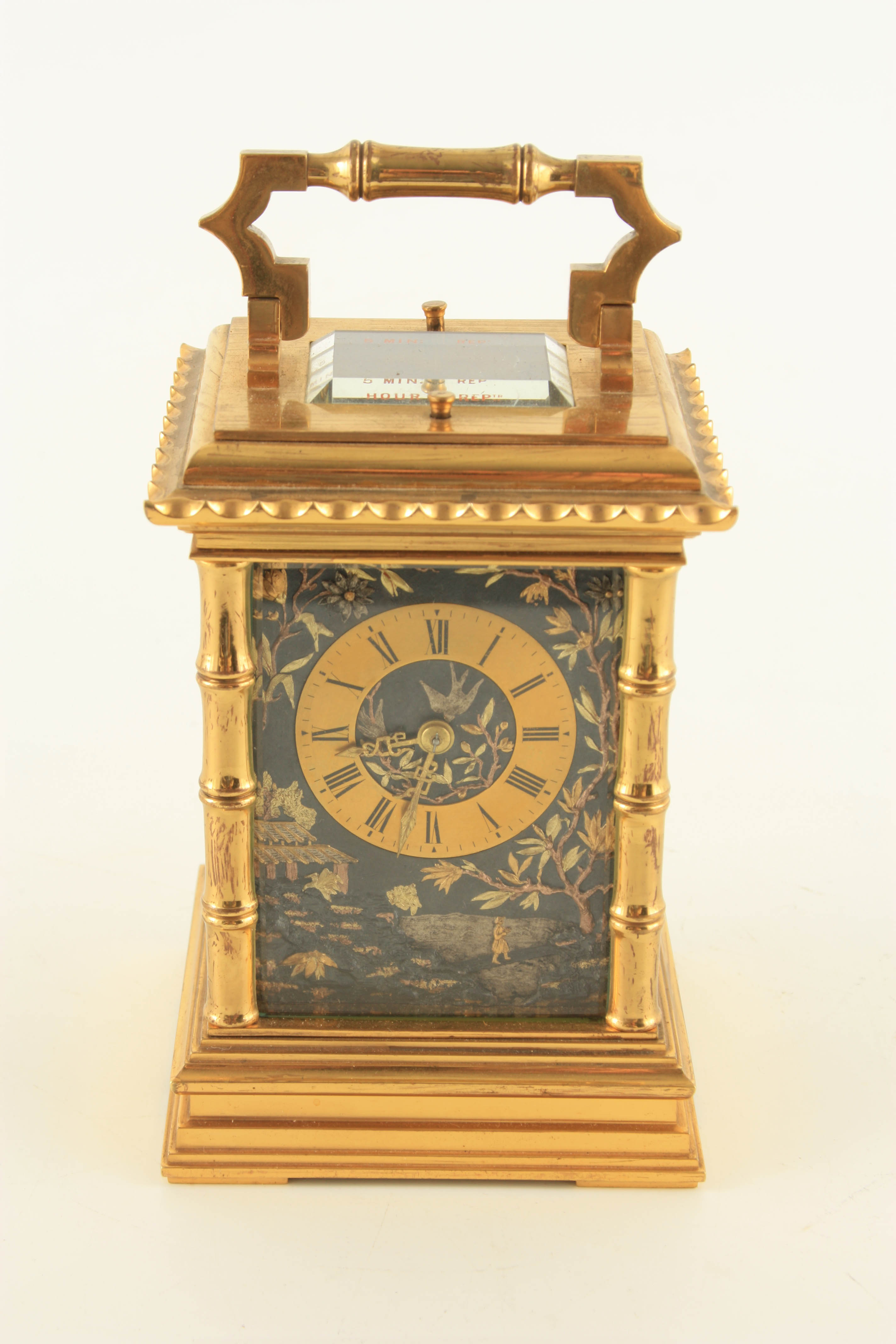 A RARE LATE 19TH CENTURY FRENCH 5 MINUTE REPEATING JAPANESE STYLE CARRIAGE CLOCK the brass case with - Image 6 of 10