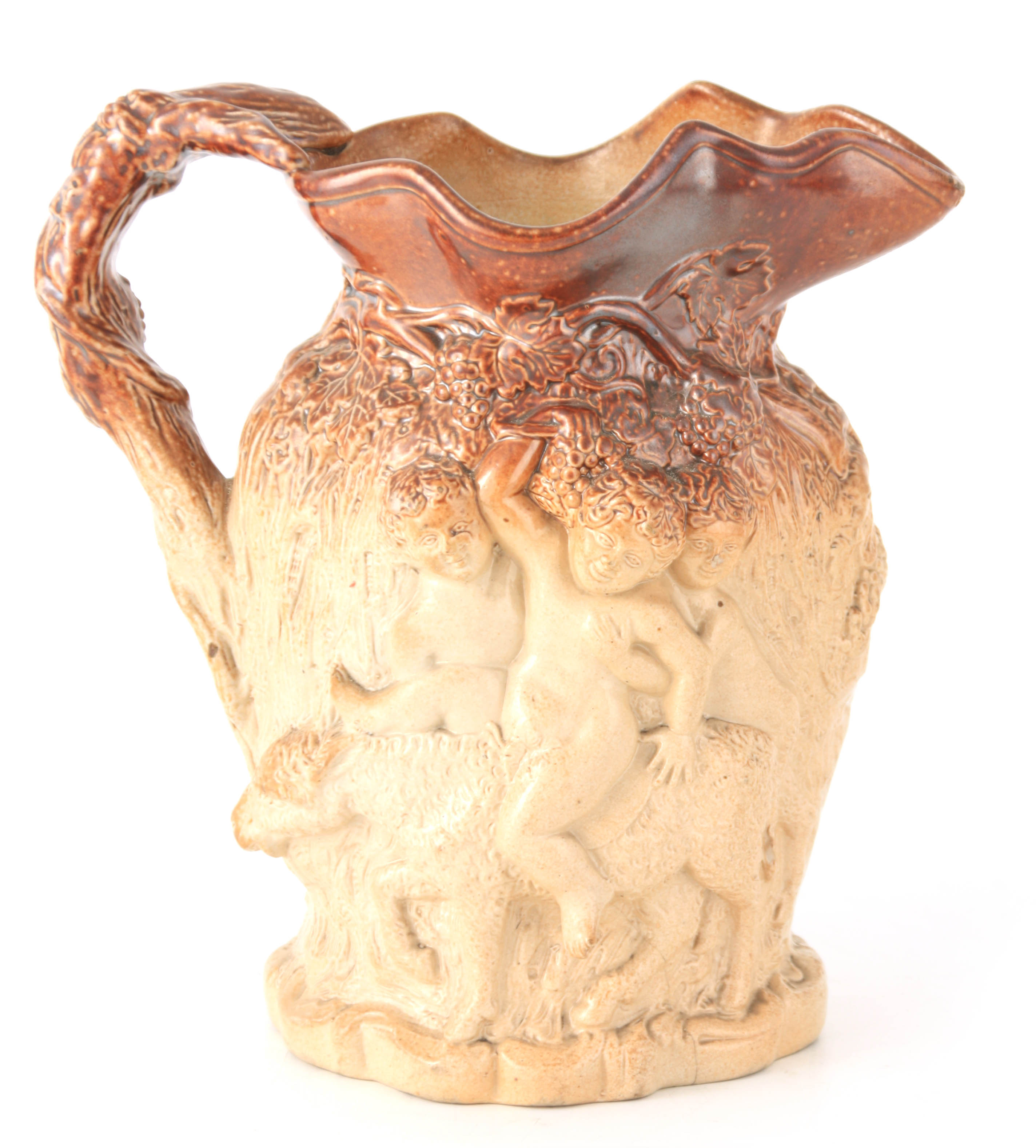 A 19TH CENTURY LARGE RELIEF MOULDED STONEWARE HARVEST JUG of ornate design with double-sided