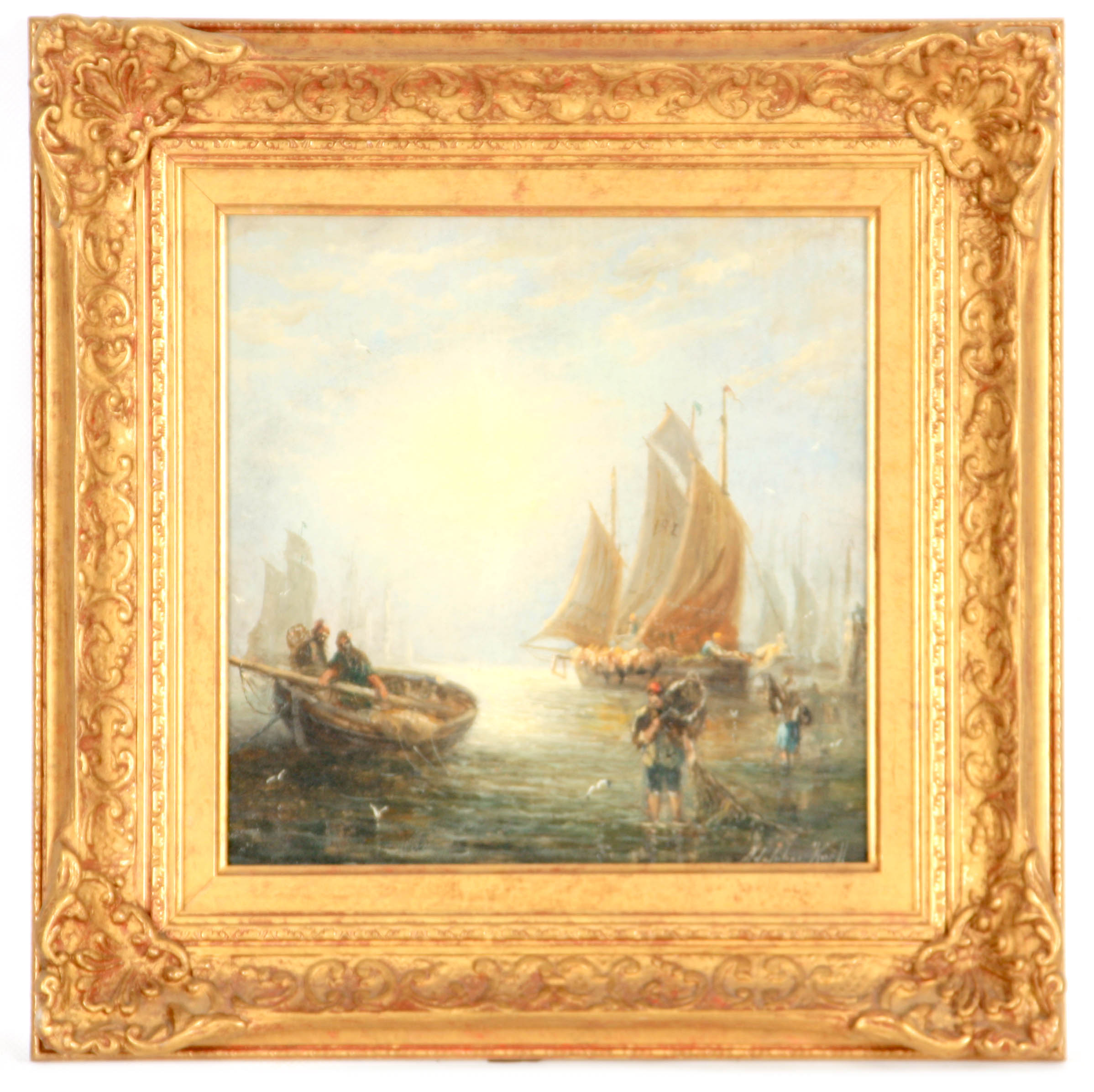 ADOLPHUS KNELL A 19TH CENTURY OIL ON CANVAS Dutch fishing fleet 24.5cm square - signed in later gilt