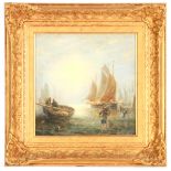 ADOLPHUS KNELL A 19TH CENTURY OIL ON CANVAS Dutch fishing fleet 24.5cm square - signed in later gilt