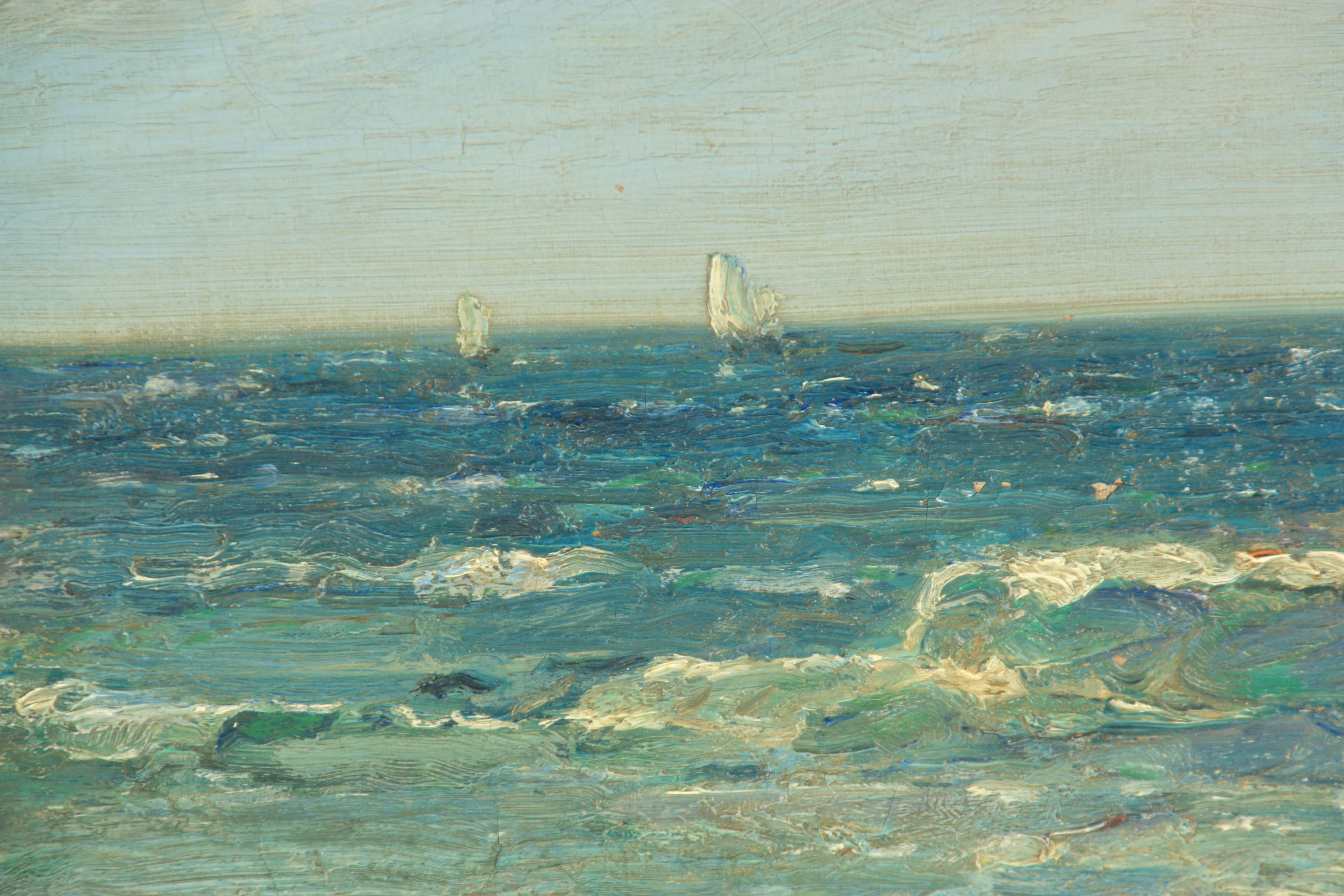 A 19TH CENTURY IMPRESSIONIST OIL ON CANVAS POSSIBLY ST. IVES SCHOOL coastal seascape in heavy - Image 3 of 6