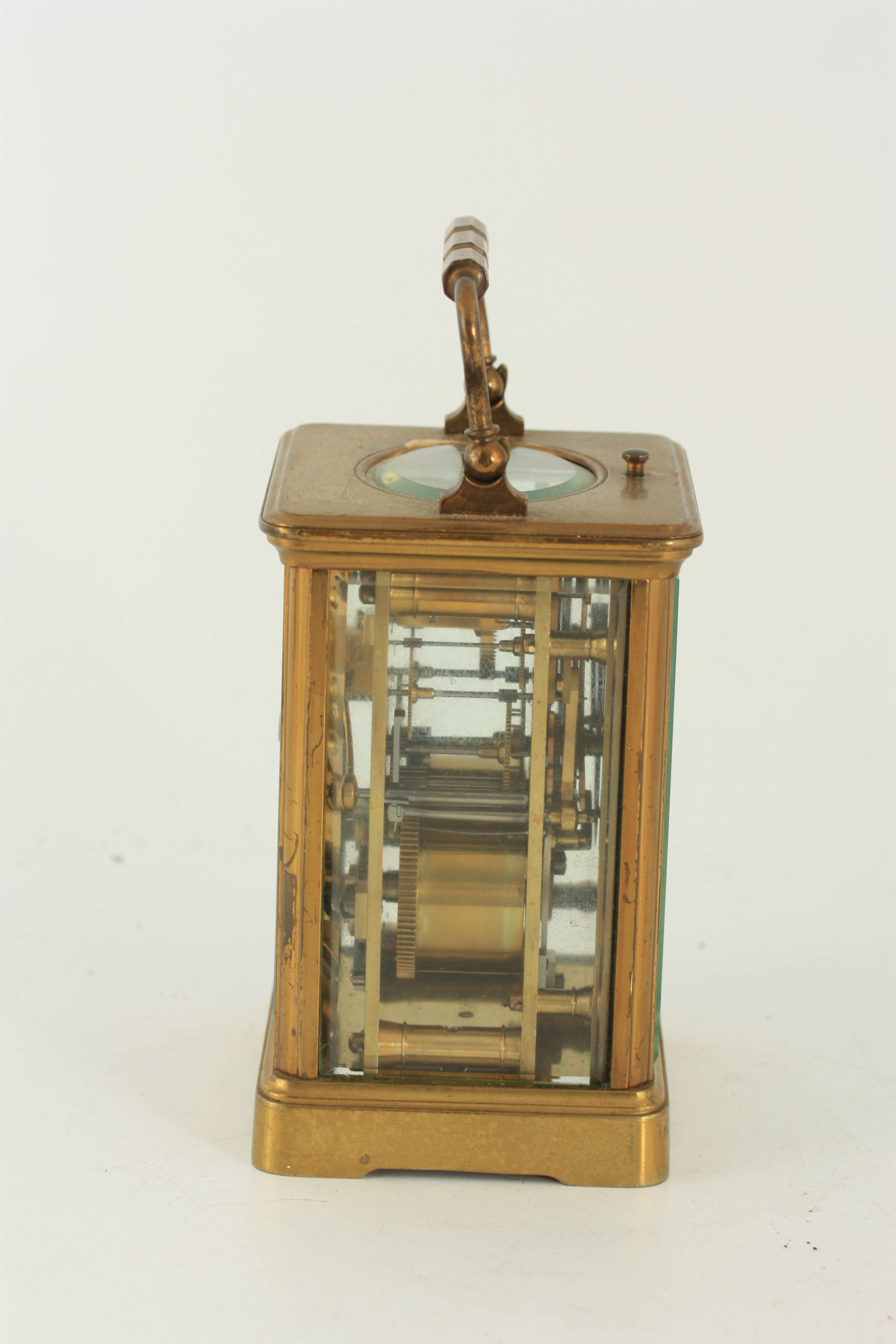 A LATE 19TH CENTURY FRENCH LACQUERED BRASS CARRIAGE CLOCK REPEATER with corniche case and white - Image 4 of 8