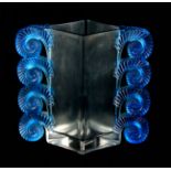 A 20TH CENTURY R. LALIQUE BLUE STAINED RHEIMS GLASS VASE of diamond shape with stylised shells to