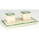 A STYLISH ART DECCO ONYX AND MALACHITE CROSS-BANDED DESK STAND of plain rectangular form-fitted a