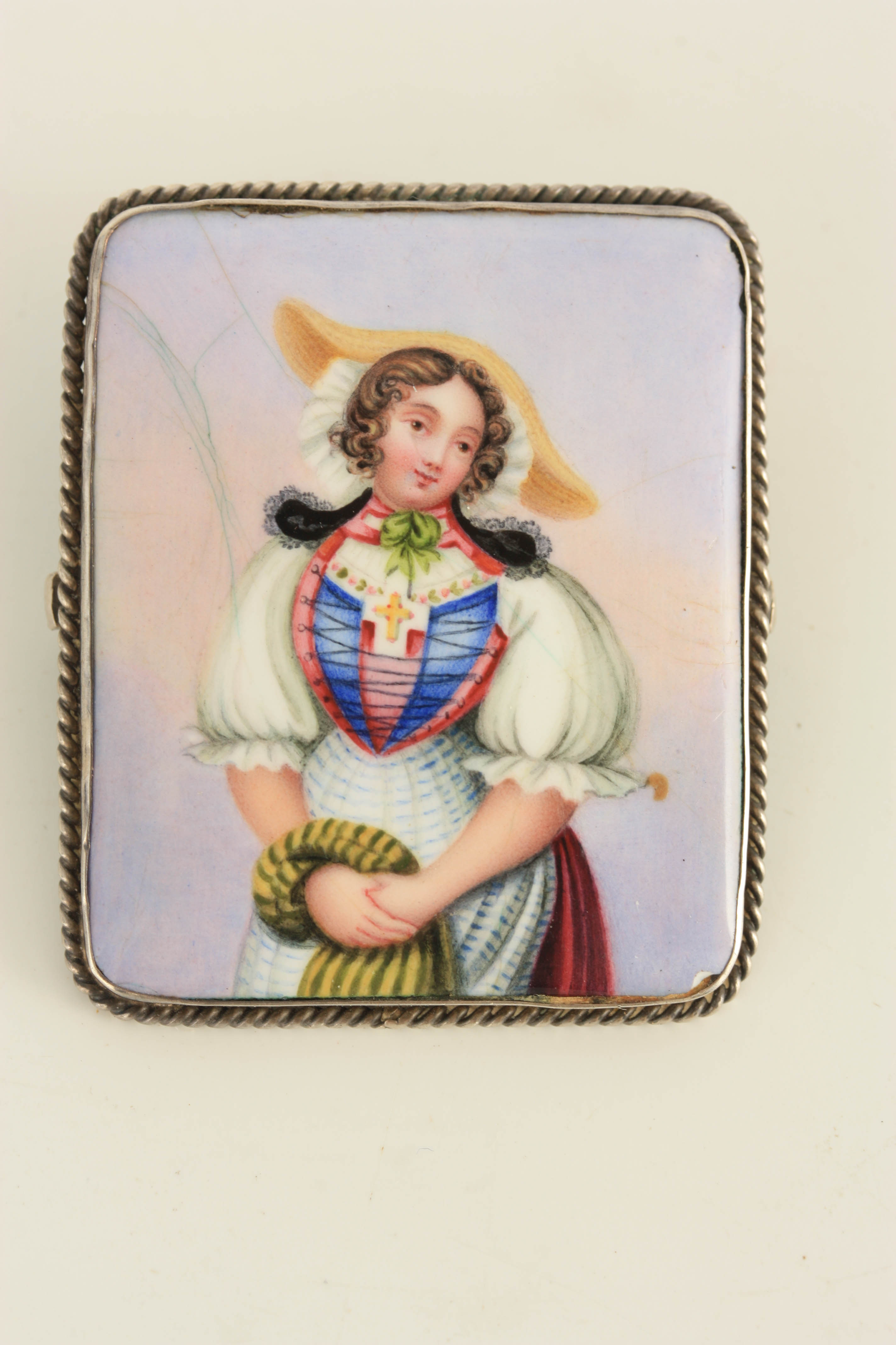 AN ENAMEL AND SILVER MOUNTED RECTANGULAR BROOCH depicting a half length portrait of a young lady 4. - Image 4 of 6