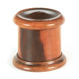 A 19TH CENTURY OVERSIZED TURNED LIGNUM VITAE STRING BOX with screw-off lid, 15 cm high