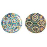 TWO COLOURFUL LARGE ISLAMIC SHALLOW DISHES both with floral panelled decoration 38cm and 37.5 cm