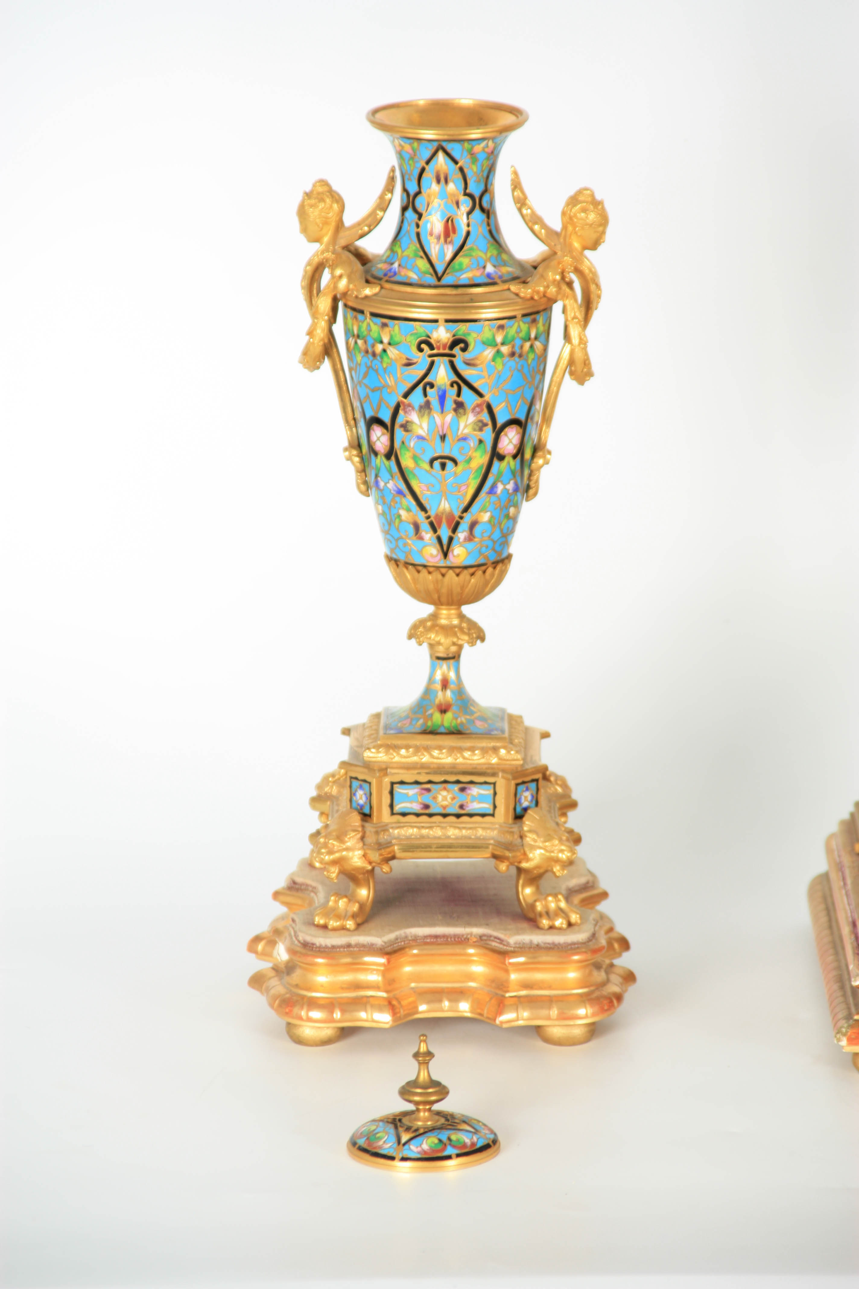 BOXHILL, BRIGHTON A LATE 19TH CENTURY FRENCH ORMOLU AND CHAMPLEVE ENAMEL CLOCK GARNITURE the four- - Image 5 of 14