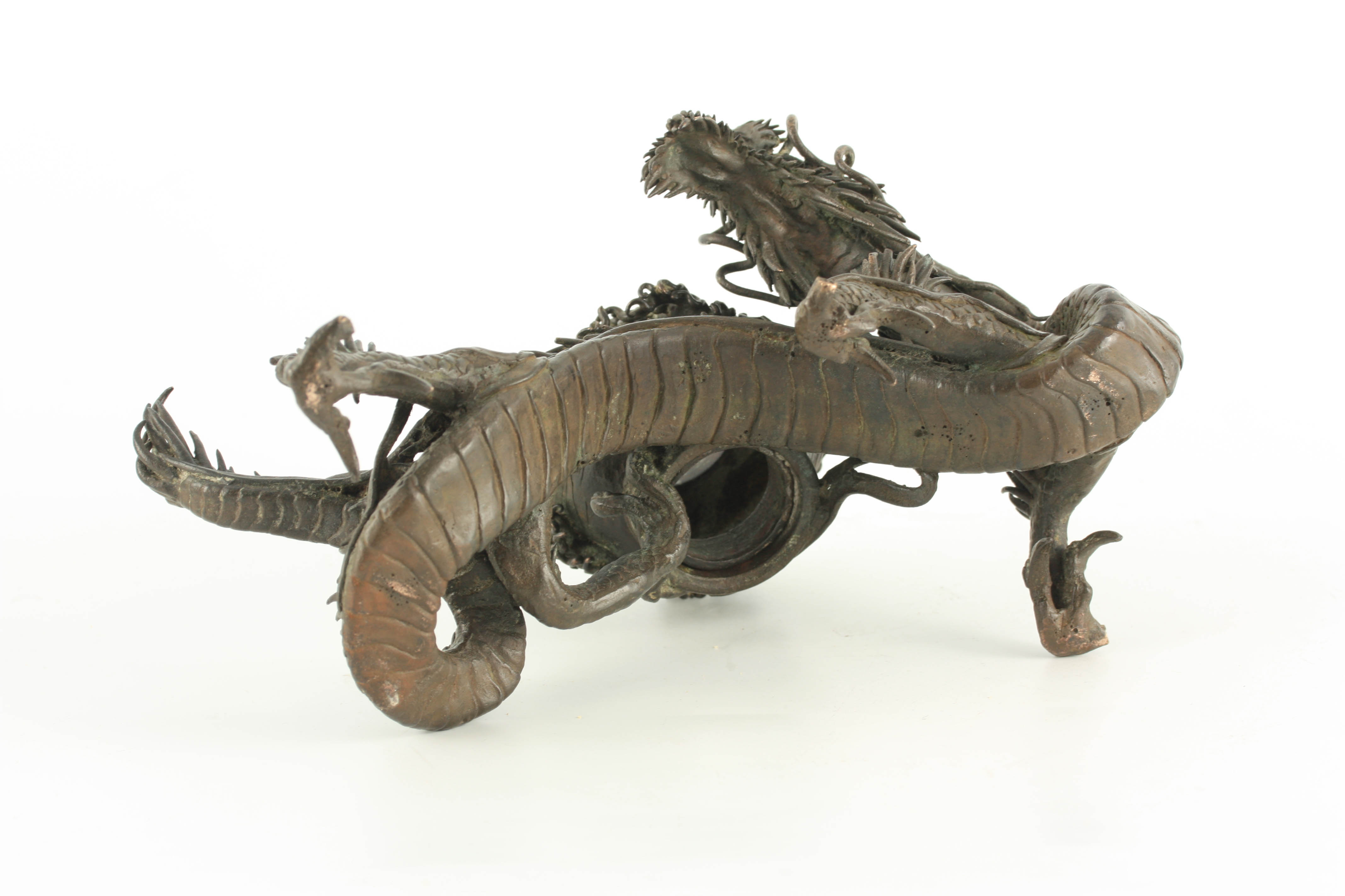 A MEIJI PERIOD JAPANESE BRONZE INCENSE BURNER modelled as a slender dragon holding a vessel 26cm - Image 7 of 7