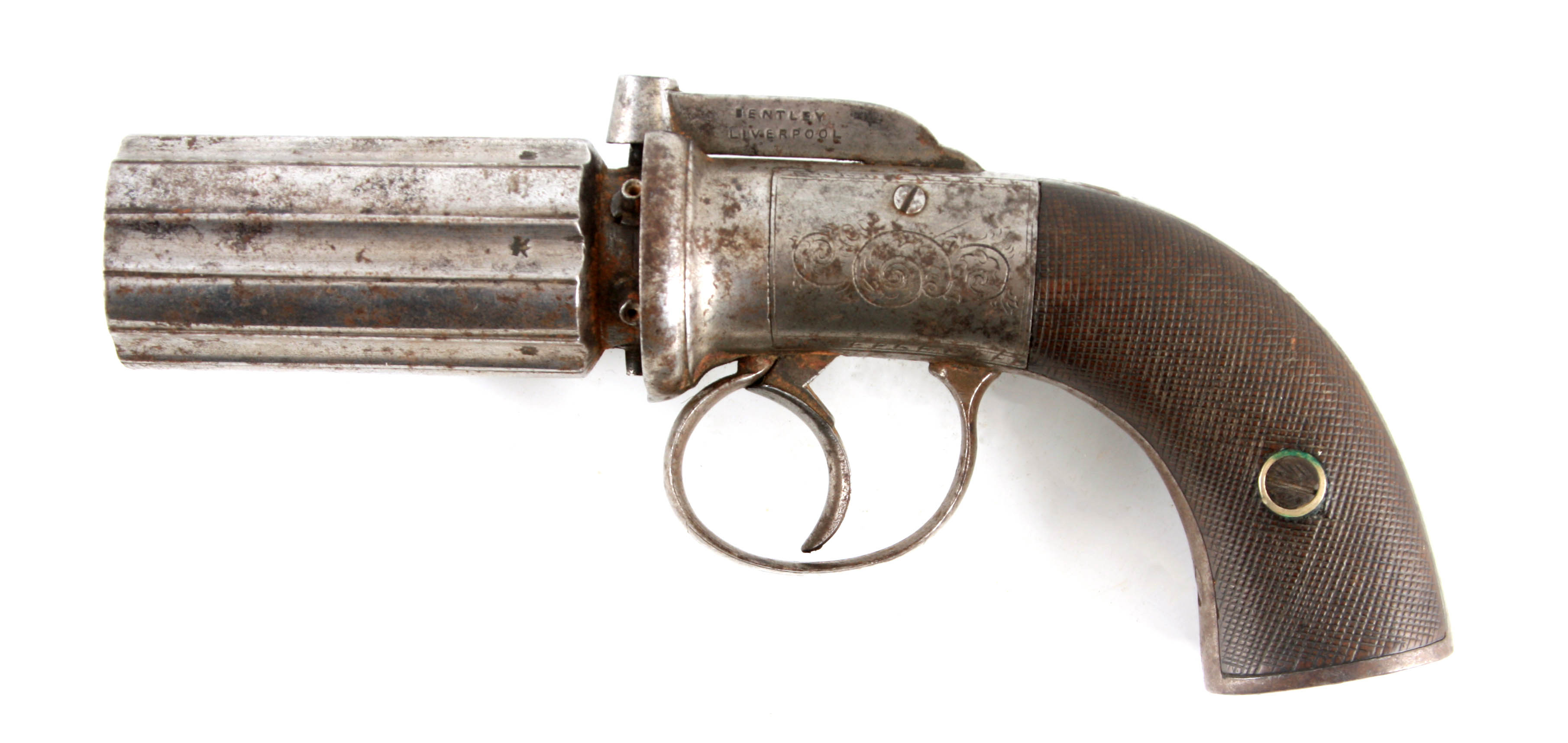 BENTLEY, LIVERPOOL A MID 19TH CENTURY SIX SHOT PEPPERBOX REVOLVER with signed self cocking bar