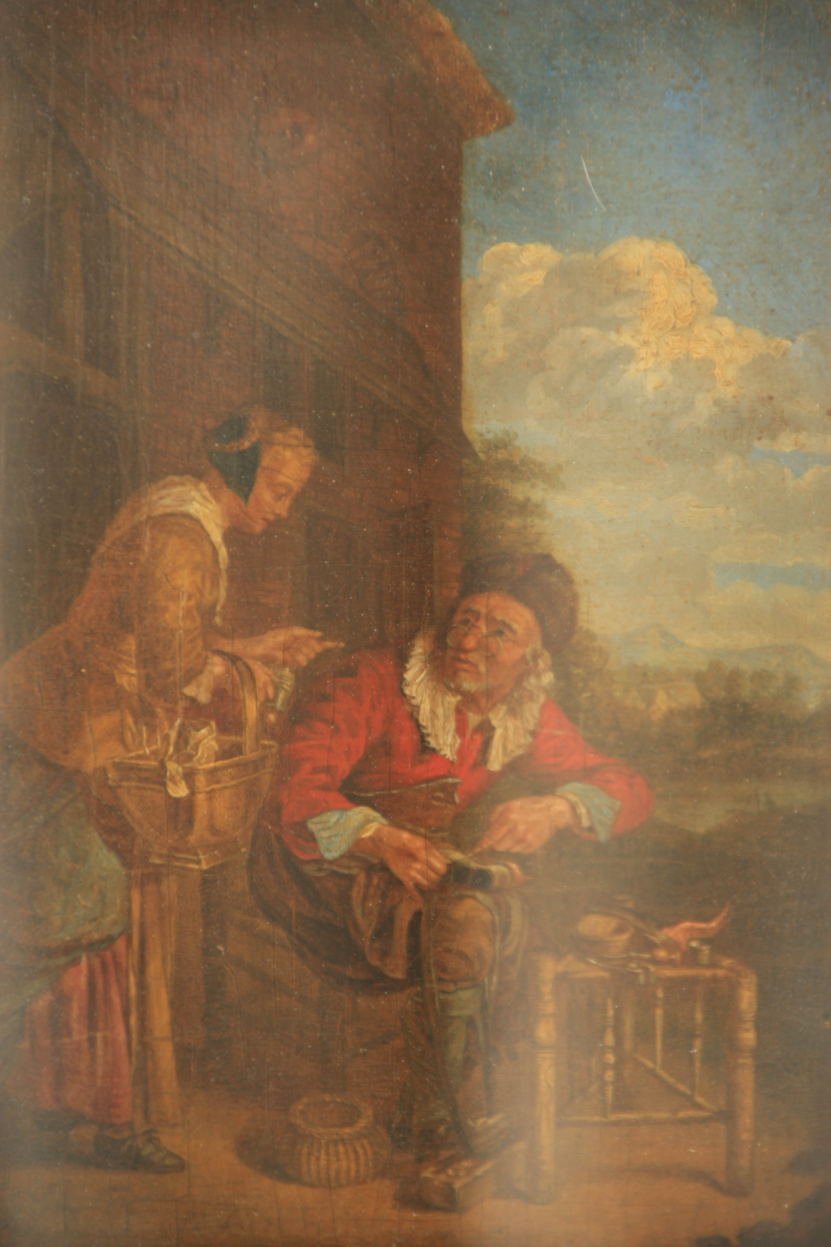 A 19TH CENTURY CONTINENTAL OIL ON BOARD depicting a shoe maker and lady outside a building 21cm high - Image 2 of 7