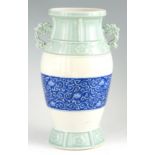 AN UNUSUAL 19TH CENTURY CHINESE CELADON VASE with blue and white banded body 30cm high