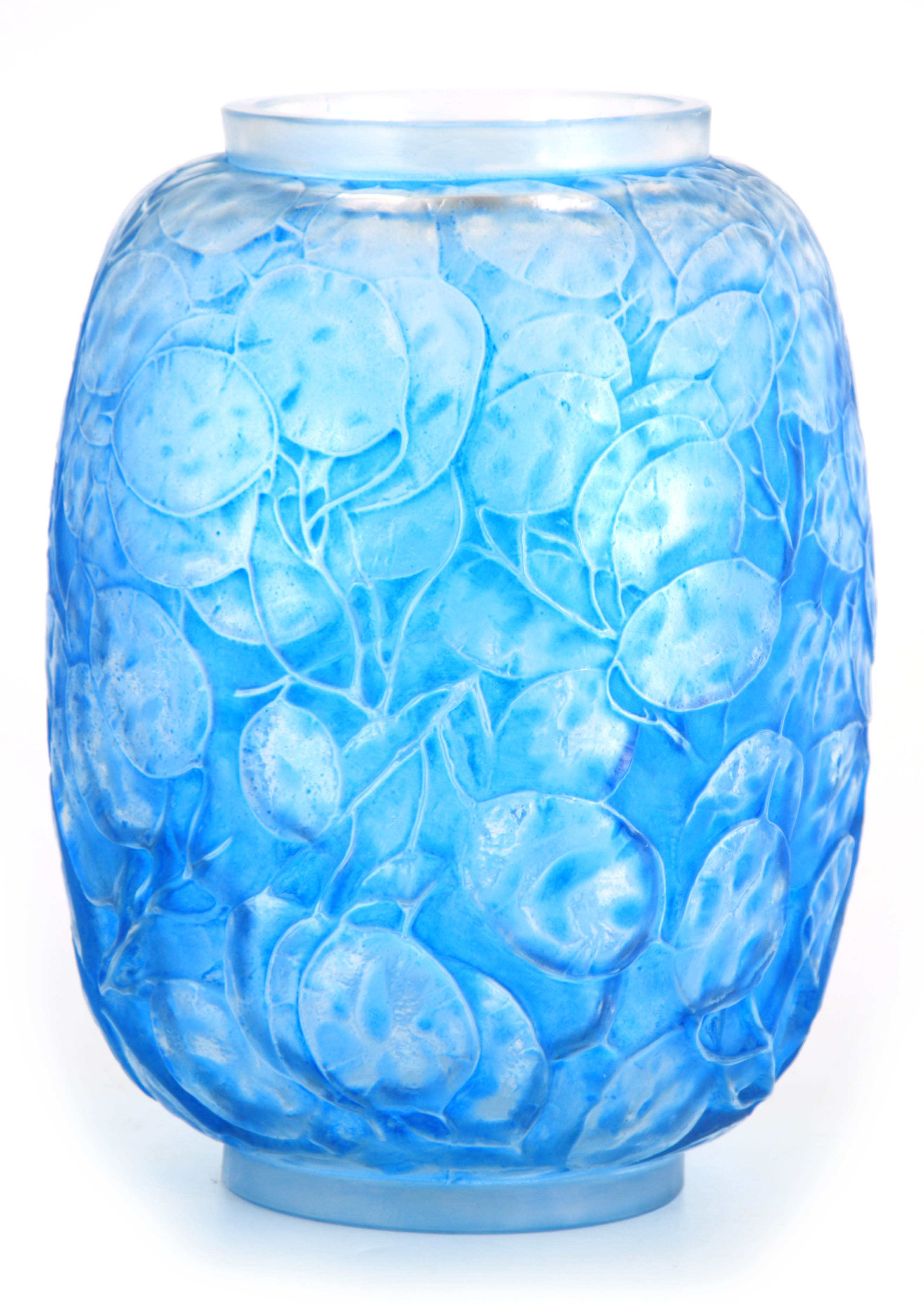 A 20TH CENTURY R. LALIQUE MONNAIE DU PAPE BLUE STAINED GLASS VASE decorated with leaf work - stamped